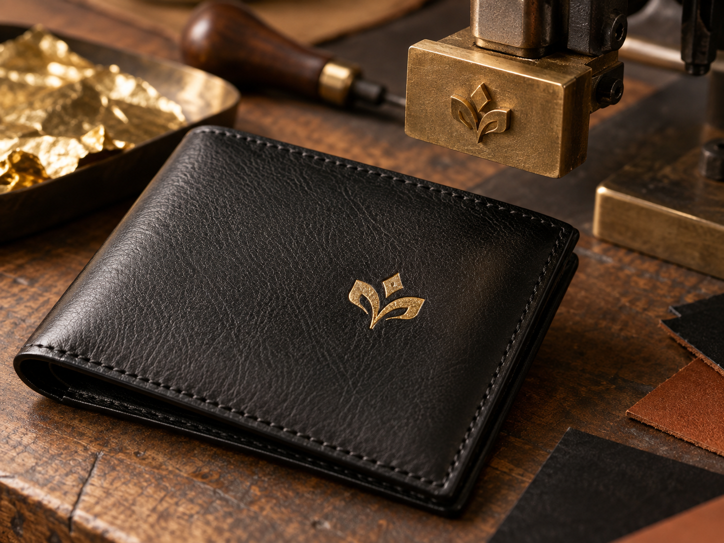 Gold foil stamping on a leather wallet