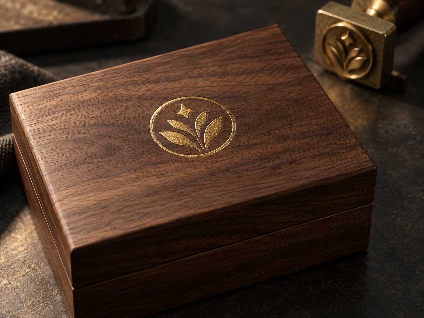 Gold foil branding on a wooden box
