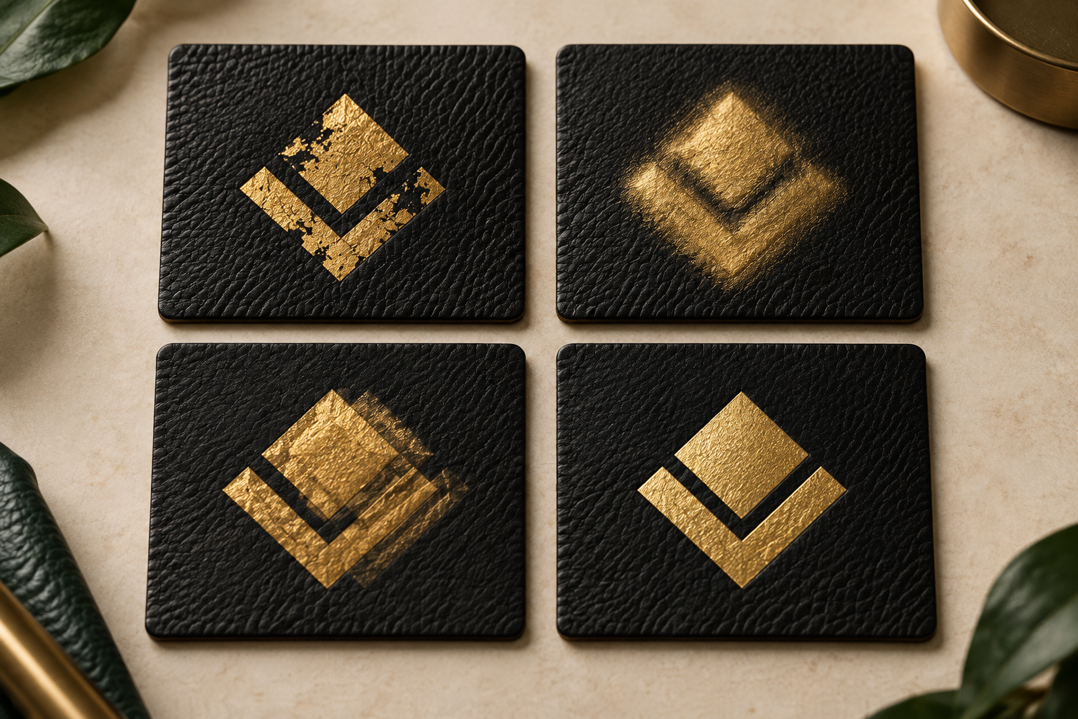 Comparison of incomplete, blurred, doubled and clean gold foil impressions on black leather