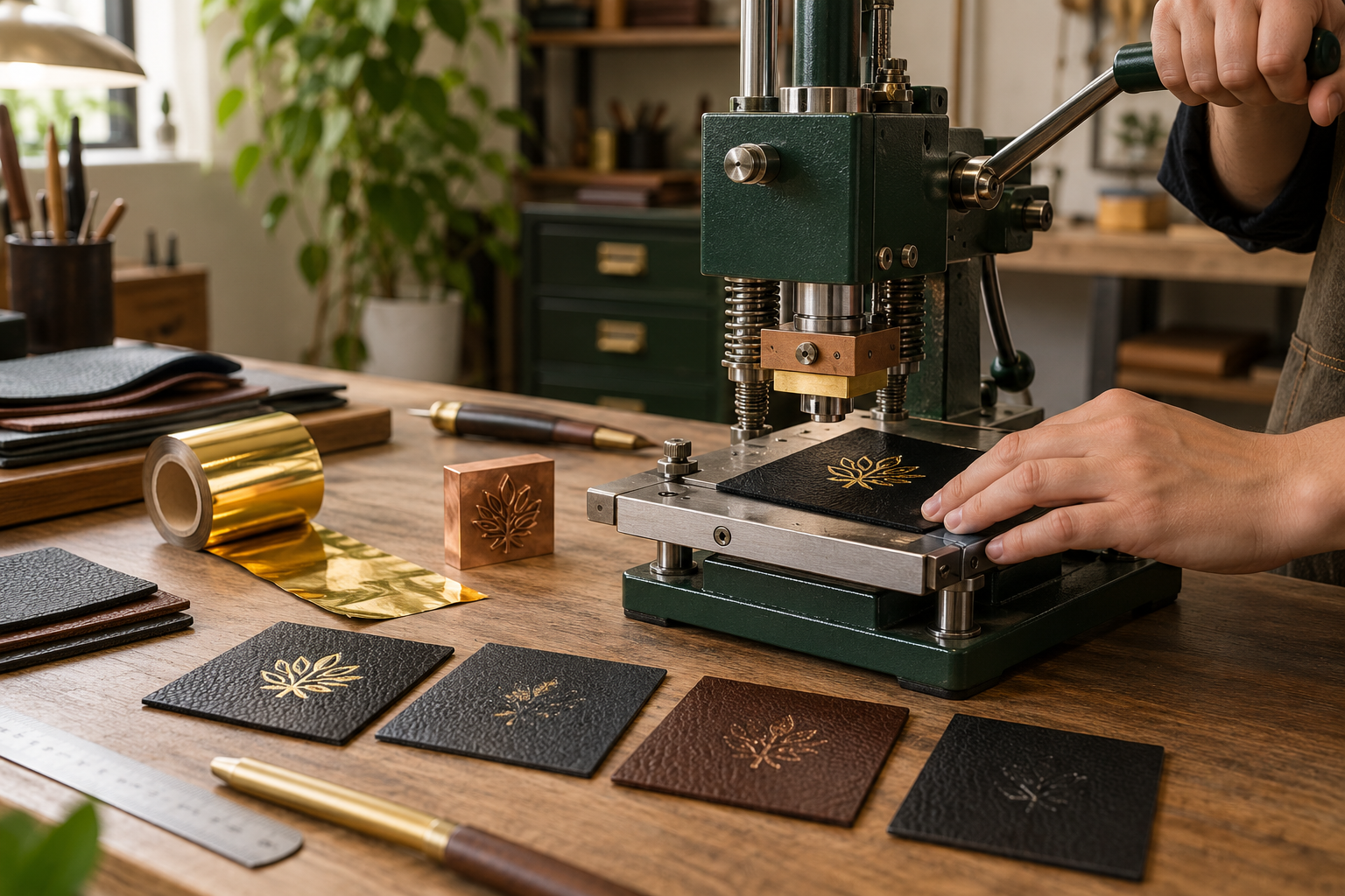 Testing gold hot stamping foil on black leather in a professional workshop