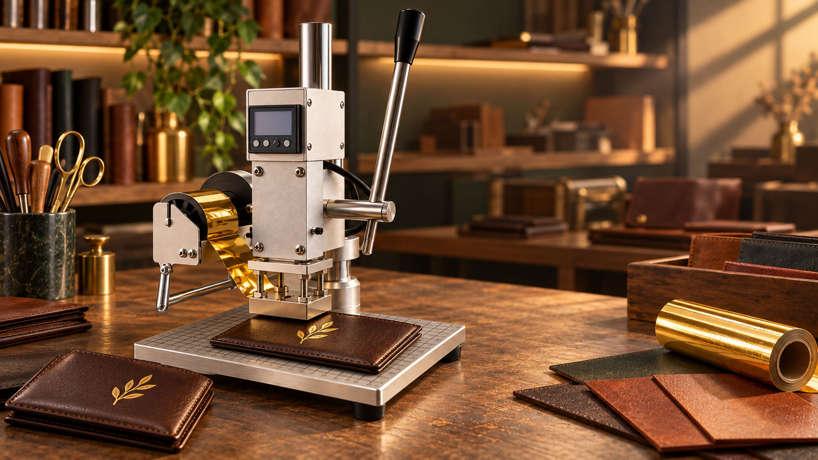 Hot stamping machine producing a gold logo on leather in a workshop