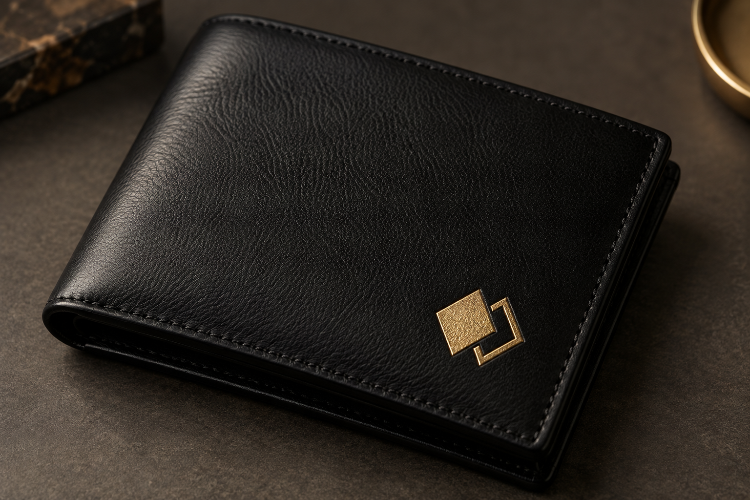 Crisp metallic gold logo hot stamped on black leather