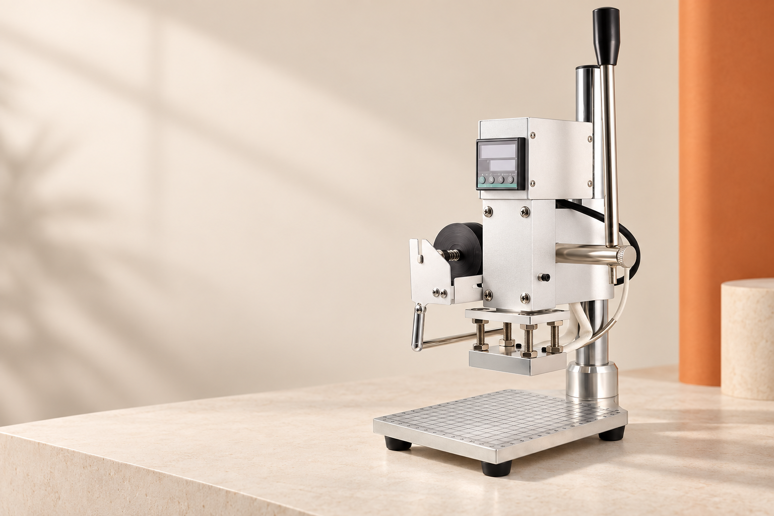 WT-90DS manual digital hot stamping machine in a premium studio setting