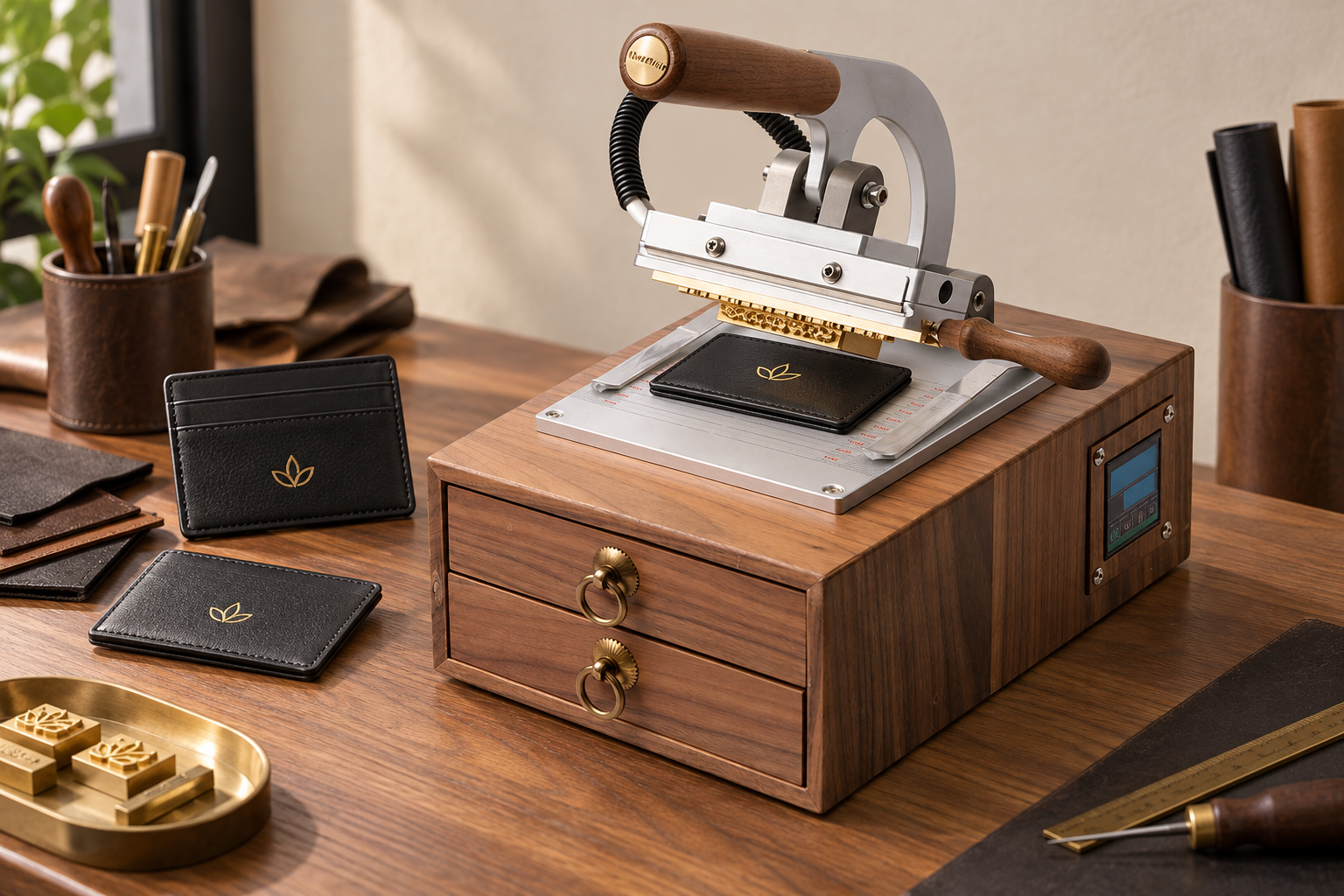 Compact manual hot stamping machine in a leather workshop